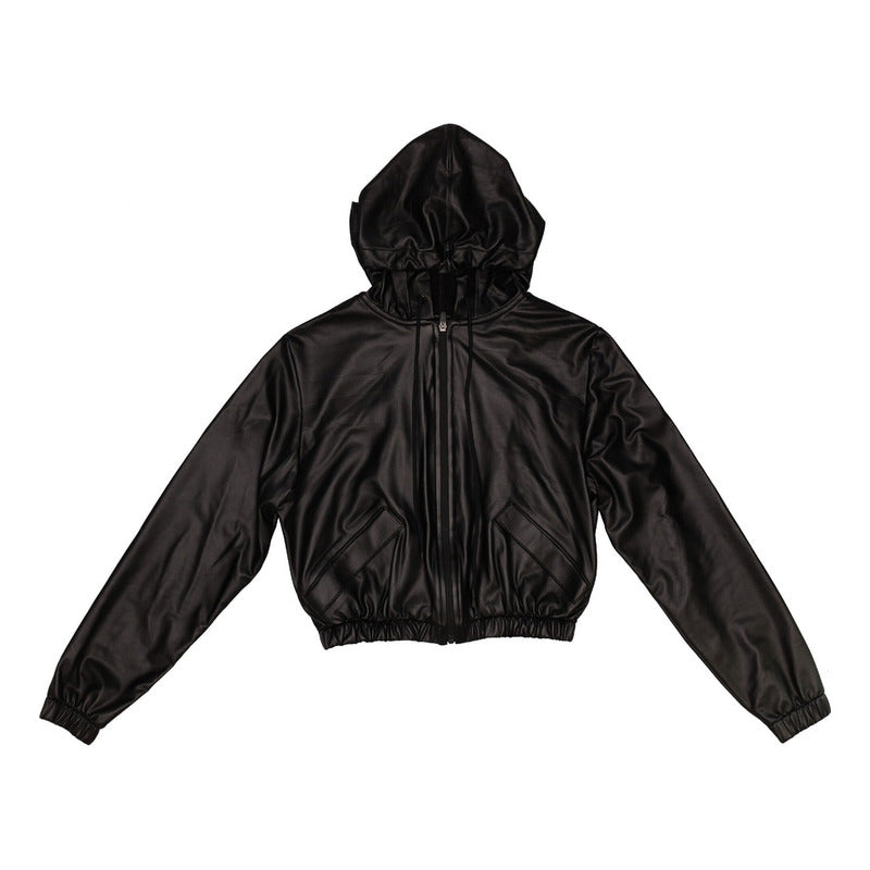 Sudadera Negra Vinipiel Con Gorro Para Mujer Boy London