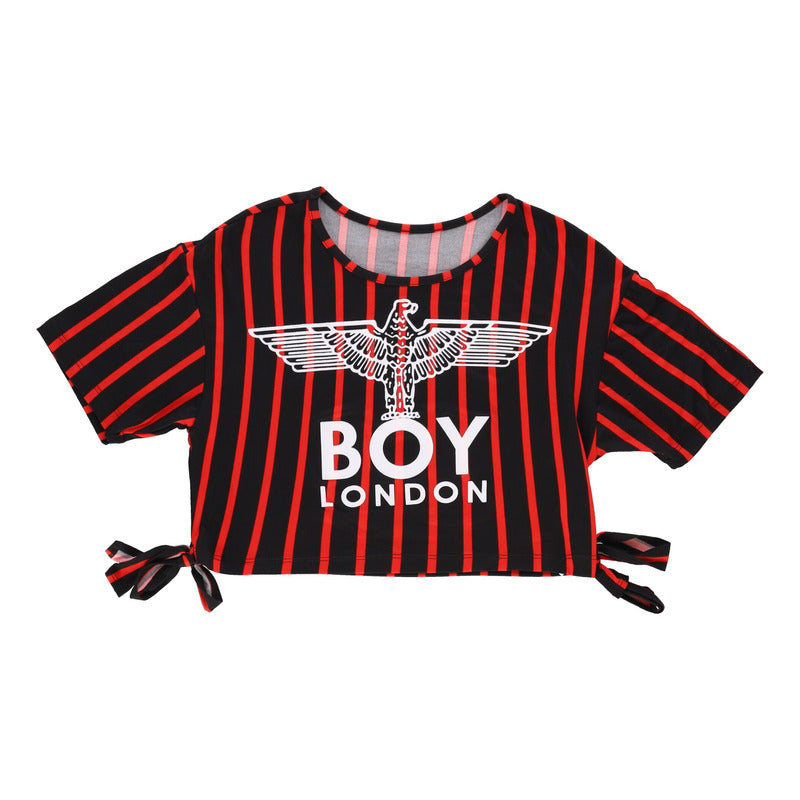 Crop Top Negro Dama Franjas Rojas Letras Blancas Boy London