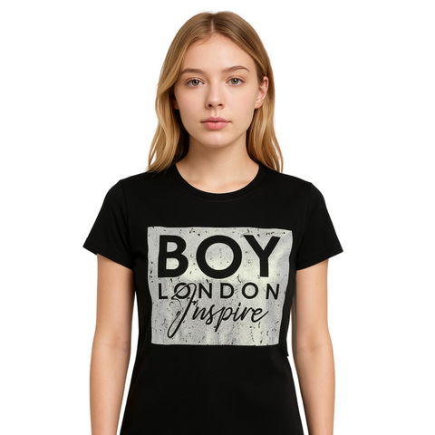 Playera Boy London Mujer Negra Inspire Plata Metálico