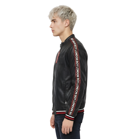 Chamarra Vinipiel Boy London Negra Líneas Rojo Blanco