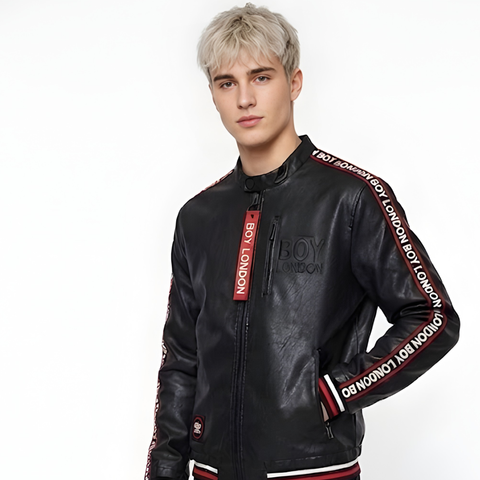 Chamarra Vinipiel Boy London Negra Líneas Rojo Blanco