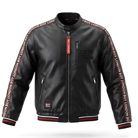 Chamarra Vinipiel Boy London Negra Líneas Rojo Blanco