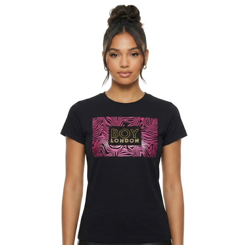 Playera Boy London Mujer Negra Estampado Rosa Foil
