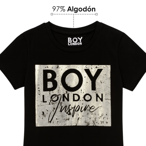 Playera Boy London Mujer Negra Inspire Plata Metálico