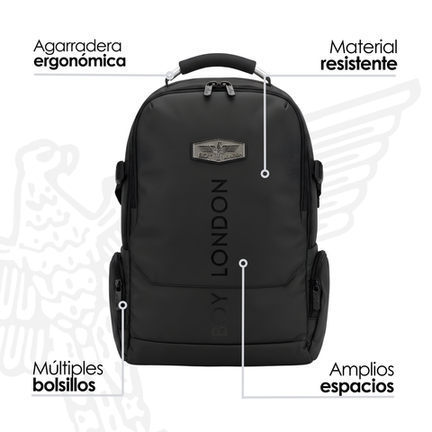 Mochila Boy London Negra Placa Águila Gunmetal Premium