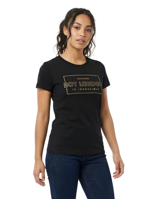 Playera Boy London Mujer Negra Nothing Is Impossible Foil Dorado