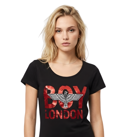 Playera Negra De Dama Letras Rojas Foil Y Aguila Boy London