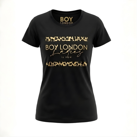 Playera Boy London Mujer Negra Ladies Foil Dorado Animal