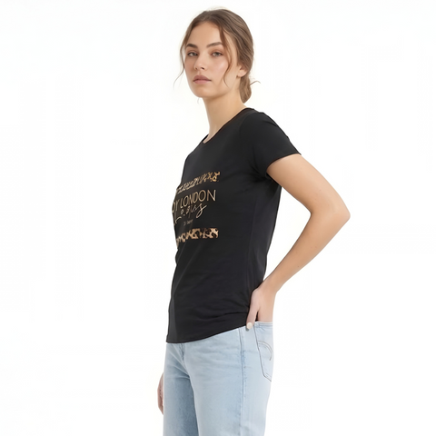Playera Boy London Mujer Negra Ladies Foil Dorado Animal