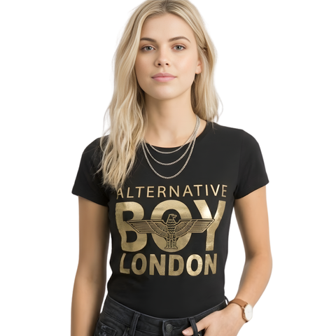 Playera Boy London Mujer Negra Alternative Foil Dorado