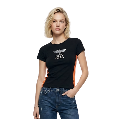 Playera Boy London Mujer Negra Franjas Naranja Águila