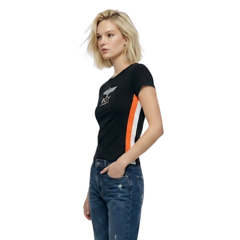 Playera Boy London Mujer Negra Franjas Naranja Águila