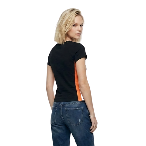 Playera Boy London Mujer Negra Franjas Naranja Águila