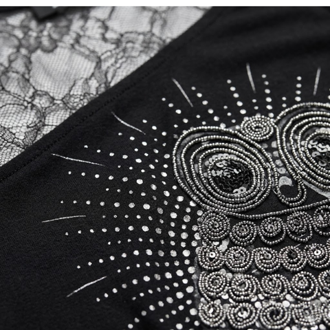 Blusa Boy London Mujer Negra Búho 3D Lentejuelas