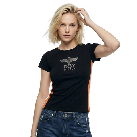 Playera Boy London Mujer Negra Franjas Naranja Águila