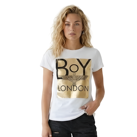 Playera Boy London Mujer Blanca Foil Dorado Casual