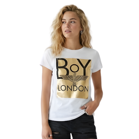 Playera Boy London Mujer Blanca Foil Dorado Casual
