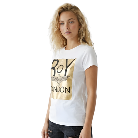 Playera Boy London Mujer Blanca Foil Dorado Casual