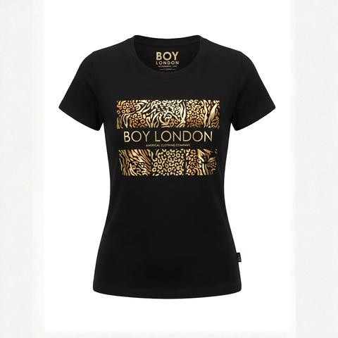 Playera Boy London Mujer Negra Foil Dorado Animal Print