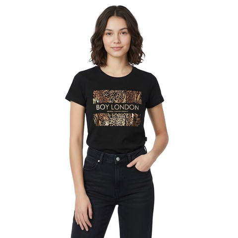Playera Boy London Mujer Negra Foil Dorado Animal Print