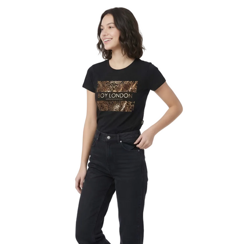 Playera Boy London Mujer Negra Foil Dorado Animal Print