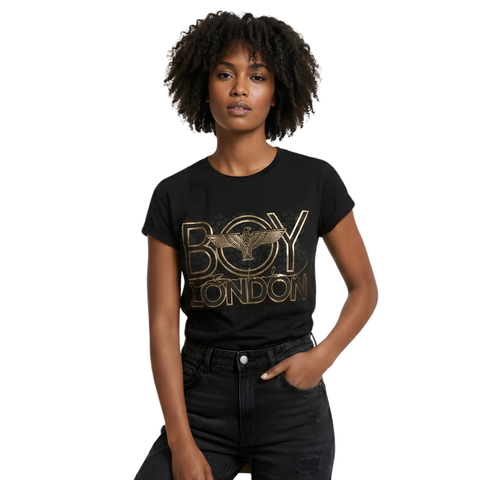 Playera Boy London Mujer Negra Foil Oro