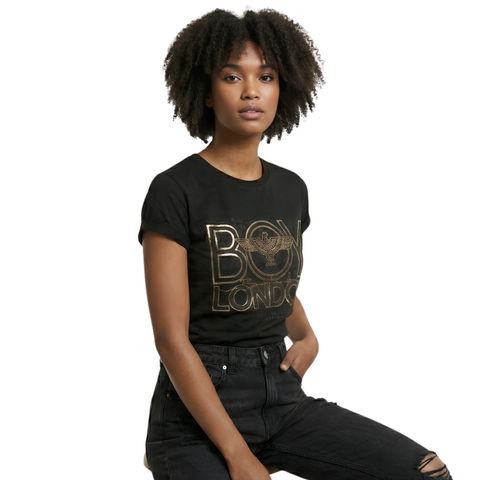 Playera Boy London Mujer Negra Foil Oro