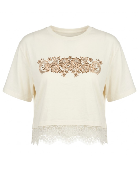 Crop Top Boy London Bordado Floral Dorado Crema Mujer