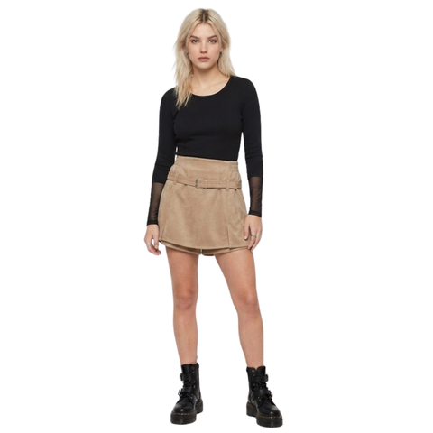 Falda Short De Gamuza Beige Con Cinturón Para Mujer Marrón