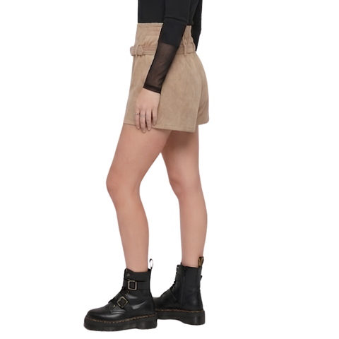 Falda Short De Gamuza Beige Con Cinturón Para Mujer Marrón