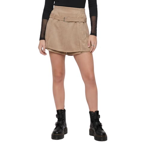 Falda Short De Gamuza Beige Con Cinturón Para Mujer Marrón