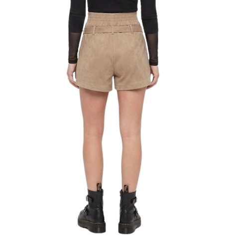 Falda Short De Gamuza Beige Con Cinturón Para Mujer Marrón