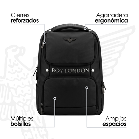 Mochila Boy London Negra Letras Metal Cromado Premium