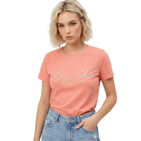 Playera Boy London Mujer Coral Plateado Perlas