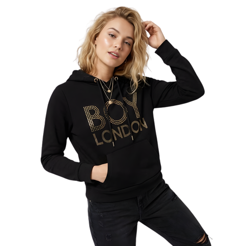 Sudadera Boy London Mujer Negra Pedrería Oro Hoodie