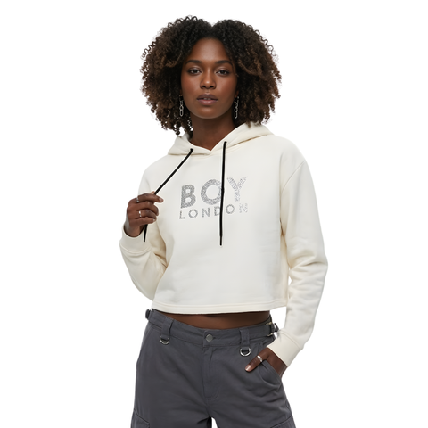 Sudadera Crop Top Boy London Mujer Blanca Pedrería