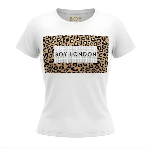 Playera Boy London Mujer Blanca Print Leopardo Logo