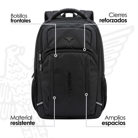 Mochila Boy London Negra Águila Metálica Multibolsillos