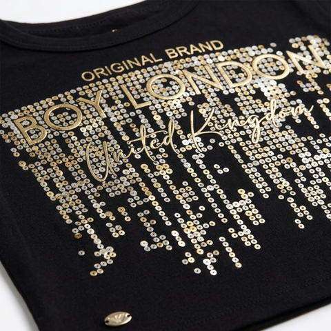 Crop Top Boy London Mujer Negro Cascada Metálica Oro