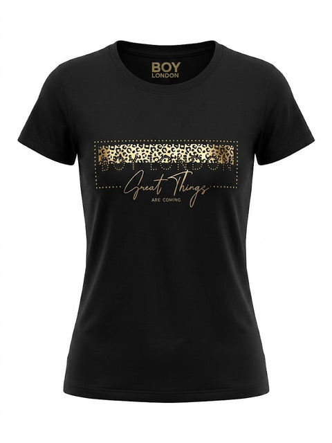 Playera Boy London Mujer Negra Great Things Foil Dorado Animal