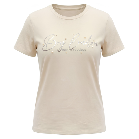 Playera Boy London Mujer Crema Plateado Perlas