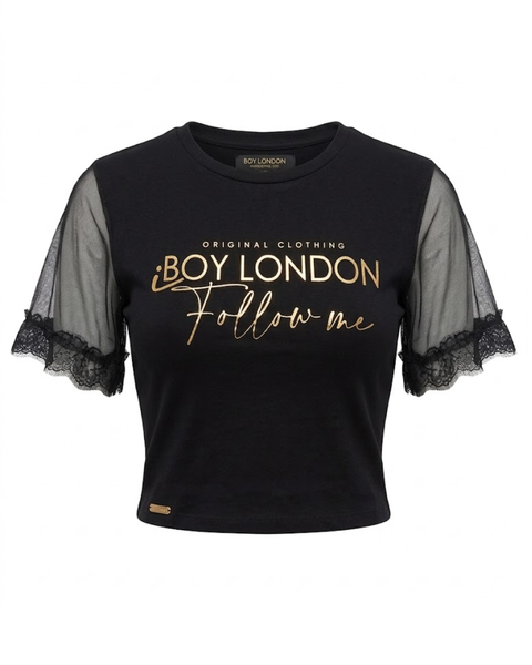Crop Top Boy London Follow Me Foil Dorado Tul Negro Mujer
