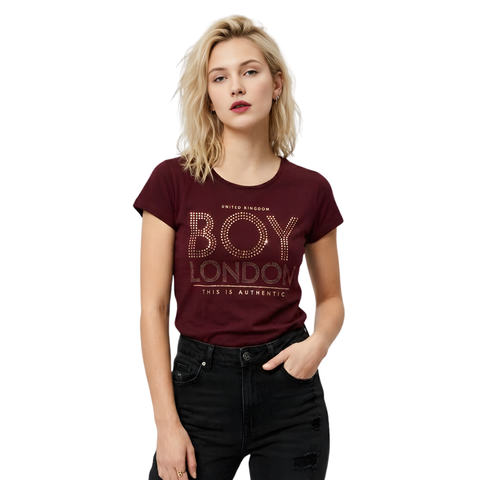 Playera Boy London Mujer Vino Pedrería Rose Gold UK