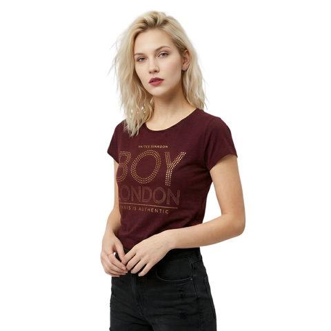 Playera Boy London Mujer Vino Pedrería Rose Gold UK