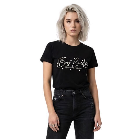 Playera Boy London Mujer Negra Plateado Perlas