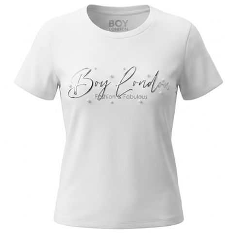 Playera Boy London Mujer Blanca Plateado Perlas