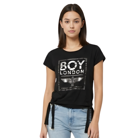 Blusa Boy London Mujer Negra Plata Nudos Costados