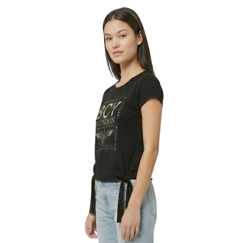 Blusa Boy London Mujer Negra Plata Nudos Costados