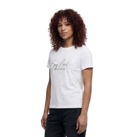 Playera Boy London Mujer Blanca Plateado Perlas