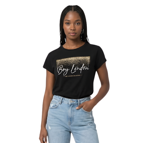 Playera Boy London Mujer Negra Glitter Dorado Cursiva